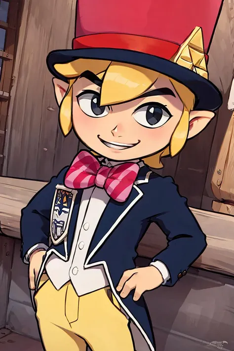 <lora:the_other_half_style:0.8>,,((masterpiece,best quality)), <lora:Toon_Link_Zelda:0.8>, Toon_Link_Zelda, black eyes, solo, 1boy, top hat, bowtie, formal clothes, solo, smiling, standing, looking at viewer,