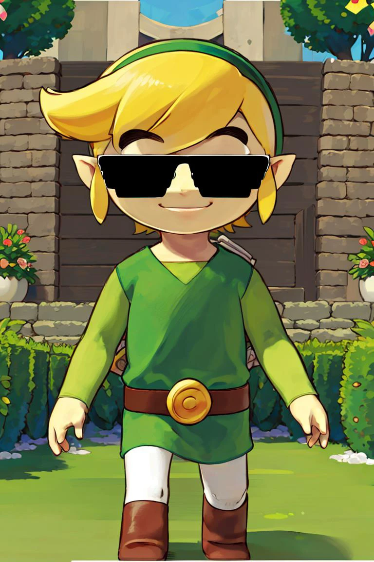 <lora:Sugimori_Ken_Style_v2:0.8>,((masterpiece,best quality)), <lora:Toon_Link_Zelda:0.9>, Toon_Link_Zelda, sunglasses, meme, solo, 1boy, green tunic, belt, solo, smiling, standing, looking at viewer,