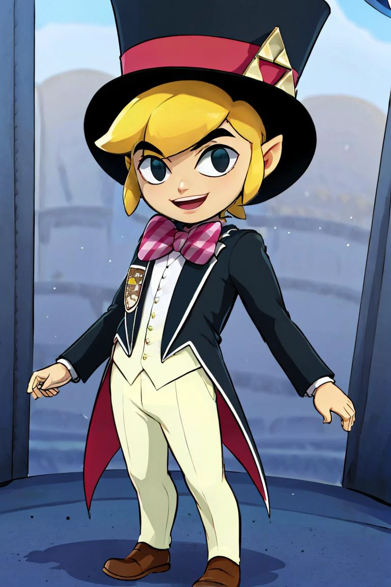 <lora:Bigdead_Style_Dim32:0.8>,((masterpiece,best quality)), <lora:Toon_Link_Zelda:0.9>, Toon_Link_Zelda, black eyes, solo, 1boy, top hat, bowtie, formal clothes, solo, smiling, standing, looking at viewer,