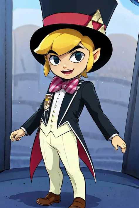 <lora:Bigdead_Style_Dim32:0.8>,((masterpiece,best quality)),  <lora:Toon_Link_Zelda:0.9>, Toon_Link_Zelda, black eyes, solo, 1boy, top hat, bowtie, formal clothes, solo, smiling, standing, looking at viewer,