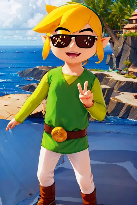 <lora:ricegnat_style:0.8>,((masterpiece,best quality)),  <lora:Toon_Link_Zelda:0.9>, Toon_Link_Zelda, black sunglasses, meme, solo, 1boy, green tunic, belt,  solo, smiling, standing, looking at viewer,  <lora:loraPeaceSign_v03:1>, peace sign, smug, teeth, ocean in background,