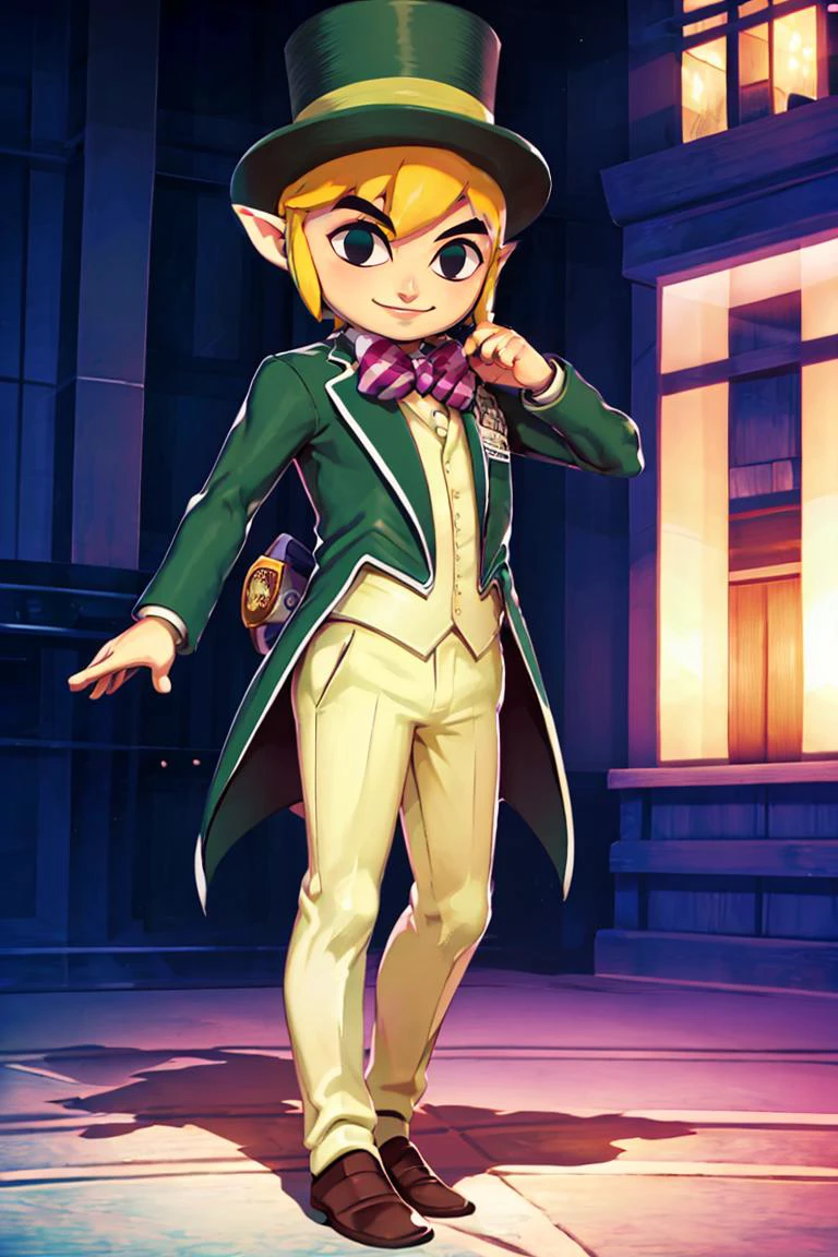 <lora:Genzoman_Style_Dim64:0.6>,((masterpiece,best quality)), <lora:Toon_Link_Zelda:0.9>, Toon_Link_Zelda, black eyes, solo, 1boy, top hat, bowtie, formal clothes, solo, smiling, standing, looking at viewer,