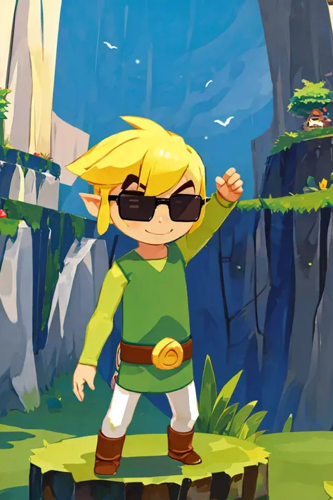 <lora:Harada_Takehito_v2_Repeats5:0.8>,((masterpiece,best quality)), <lora:Toon_Link_Zelda:0.9>, Toon_Link_Zelda, sunglasses, meme, solo, 1boy, green tunic, belt, solo, smiling, standing, looking at viewer,