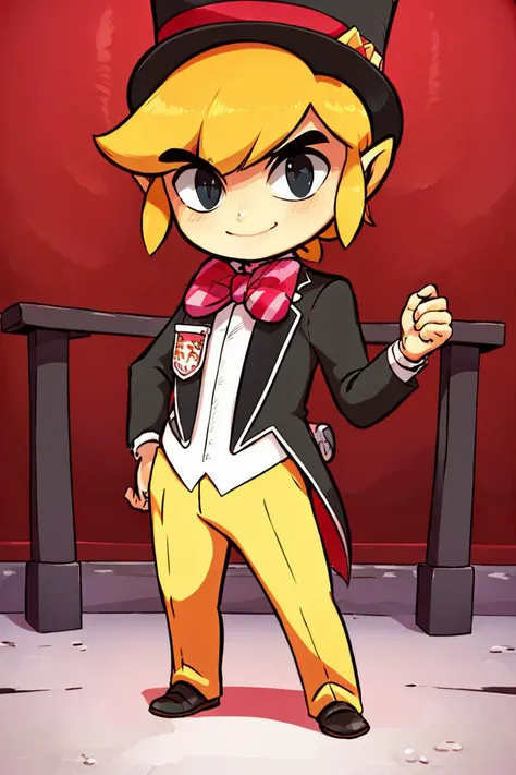 <lora:Diives_Style:0.8>,((masterpiece,best quality)), <lora:Toon_Link_Zelda:0.9>, Toon_Link_Zelda, black eyes, solo, 1boy, top hat, bowtie, formal clothes, solo, smiling, standing, looking at viewer,