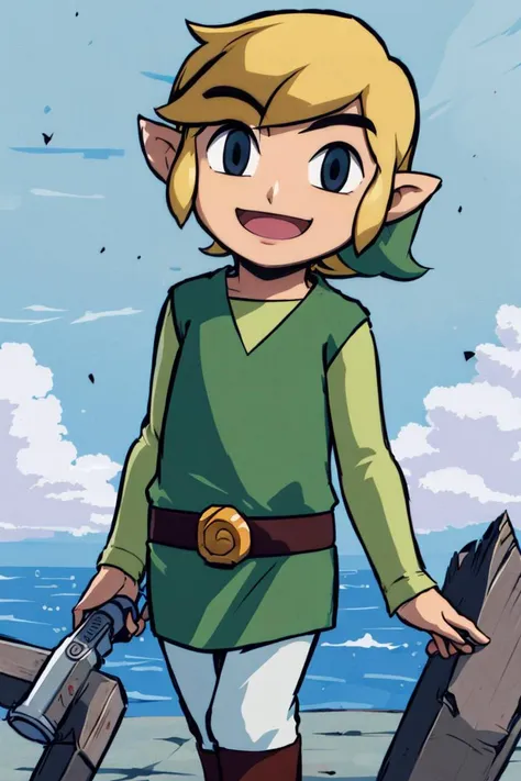 <lora:noelia_ponce_style:0.8>,,((masterpiece,best quality)), <lora:Toon_Link_Zelda:0.8>, Toon_Link_Zelda, black eyes, solo, 1boy, tunic, belt, solo, smiling, standing, looking at viewer,