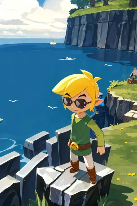 <lora:Harada_Takehito_v2_Repeats5:0.8>,((masterpiece,best quality)), <lora:Toon_Link_Zelda:0.8>, Toon_Link_Zelda, sunglasses, meme, solo, 1boy, green tunic, belt, solo, smiling, standing, looking at viewer,