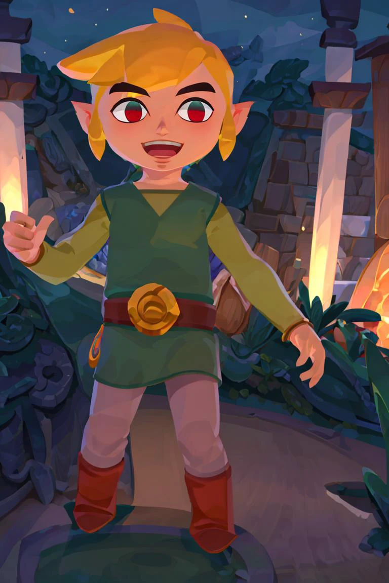 <lora:Iota:0.8>,((masterpiece,best quality)), <lora:Toon_Link_Zelda:0.9>, Toon_Link_Zelda, dark link, solo, 1boy, red eyes, tunic, belt, solo, smiling, standing, looking at viewer,