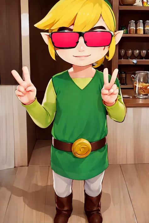 <lora:ricegnat_style:0.8>,((masterpiece,best quality)),  <lora:Toon_Link_Zelda:0.9>, Toon_Link_Zelda, sunglasses, meme, solo, 1boy, green tunic, belt,  solo, smiling, standing, looking at viewer, peace sign,, <lora:loraPeaceSign_v03:1>, peace,