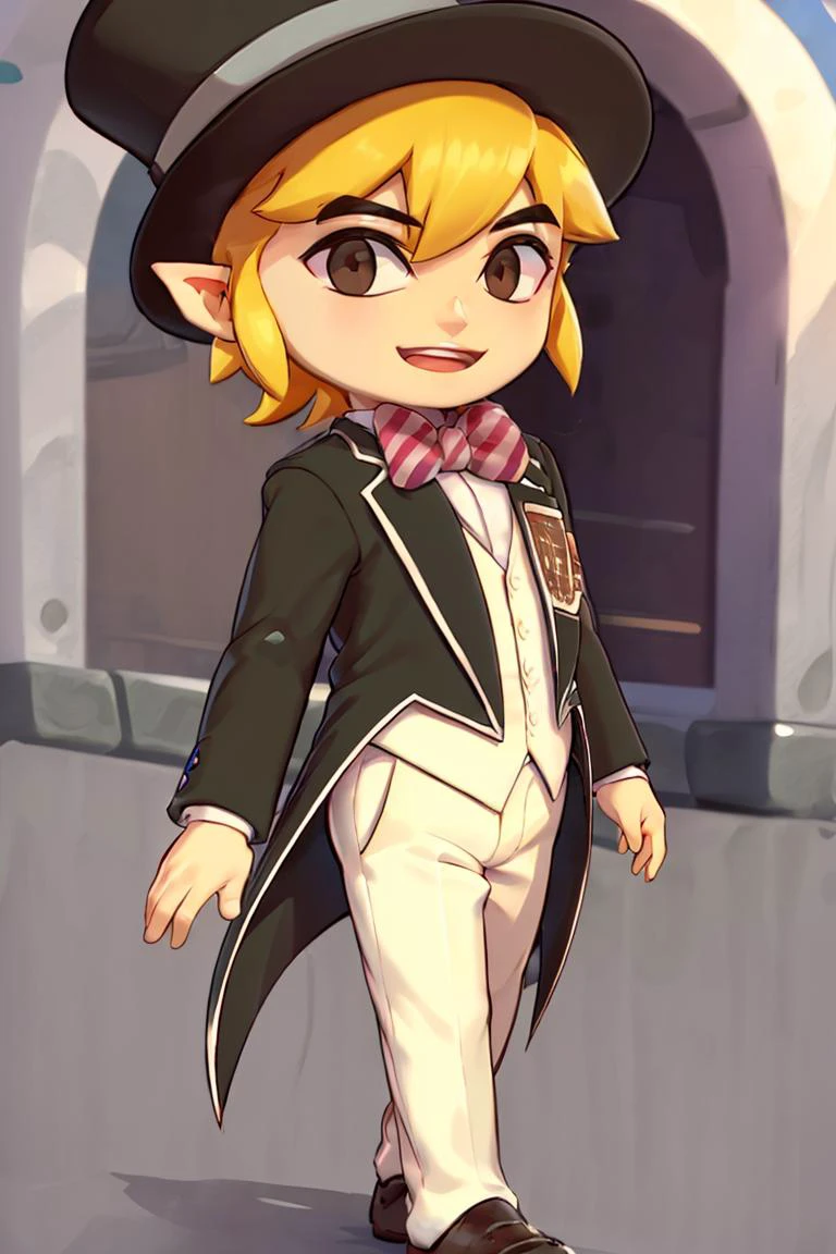 <lora:twistedscarlett60_style:0.8>,((masterpiece,best quality)), <lora:Toon_Link_Zelda:0.9>, Toon_Link_Zelda, black eyes, solo, 1boy, black top hat, bowtie, black formal clothes, solo, smiling, standing, looking at viewer,