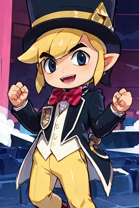 <lora:Zankuro_AnyLora_Dim32:0.8>,,((masterpiece,best quality)), <lora:Toon_Link_Zelda:0.8>, Toon_Link_Zelda, black eyes, solo, 1boy, top hat, bowtie, formal clothes, solo, smiling, standing, looking at viewer,