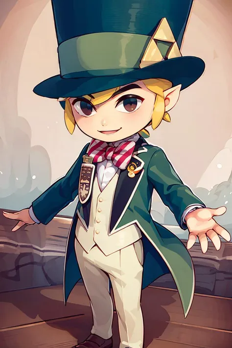 <lora:ricegnat_style:0.8>,,((masterpiece,best quality)), <lora:Toon_Link_Zelda:0.8>, Toon_Link_Zelda, black eyes, solo, 1boy, top hat, bowtie, formal clothes, solo, smiling, standing, looking at viewer,