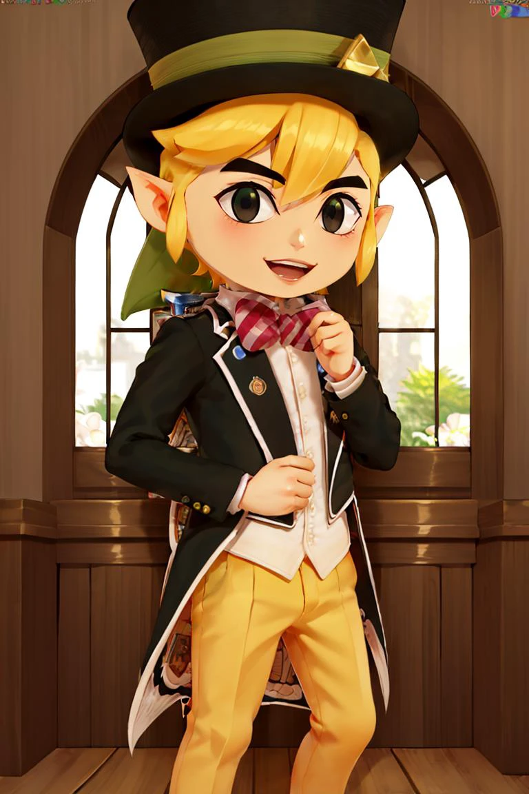 <lora:Puppypaww_Style:0.8>,((masterpiece,best quality)), <lora:Toon_Link_Zelda:0.9>, Toon_Link_Zelda, black eyes, solo, 1boy, top hat, bowtie, formal clothes, solo, smiling, standing, looking at viewer,