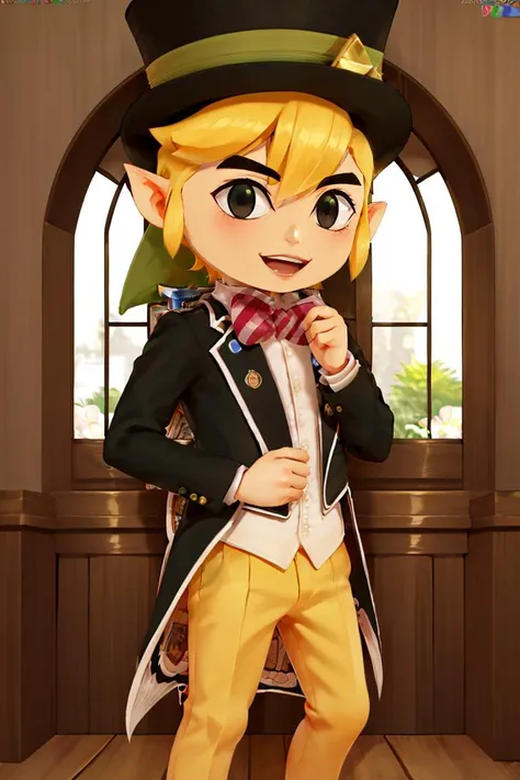 <lora:Puppypaww_Style:0.8>,((masterpiece,best quality)),  <lora:Toon_Link_Zelda:0.9>, Toon_Link_Zelda, black eyes, solo, 1boy, top hat, bowtie, formal clothes, solo, smiling, standing, looking at viewer,