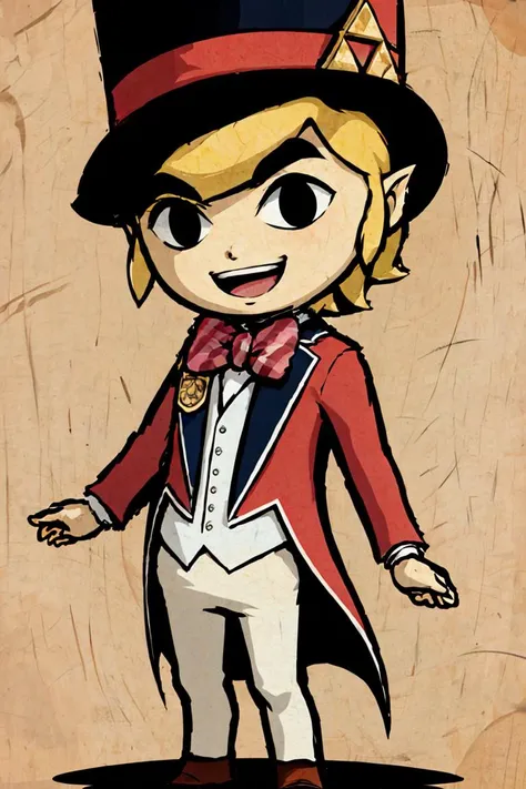 <lora:Style_of_the_Winds:0.8>,,((masterpiece,best quality)), <lora:Toon_Link_Zelda:0.8>, Toon_Link_Zelda, black eyes, solo, 1boy, top hat, bowtie, formal clothes, solo, smiling, standing, looking at viewer,