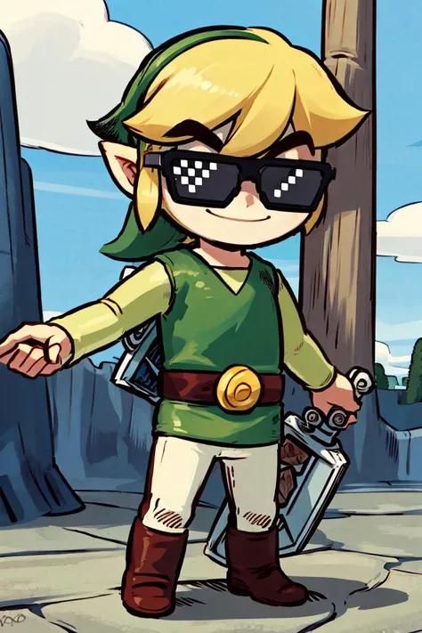 <lora:Alex_Ahad_Style:0.8>,((masterpiece,best quality)), <lora:Toon_Link_Zelda:0.8>, Toon_Link_Zelda, sunglasses, meme, solo, 1boy, green tunic, belt, solo, smiling, standing, looking at viewer,