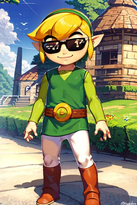 <lora:Genzoman_Style_Dim64:0.6>,((masterpiece,best quality)), <lora:Toon_Link_Zelda:0.8>, Toon_Link_Zelda, sunglasses, meme, solo, 1boy, green tunic, belt, solo, smiling, standing, looking at viewer,