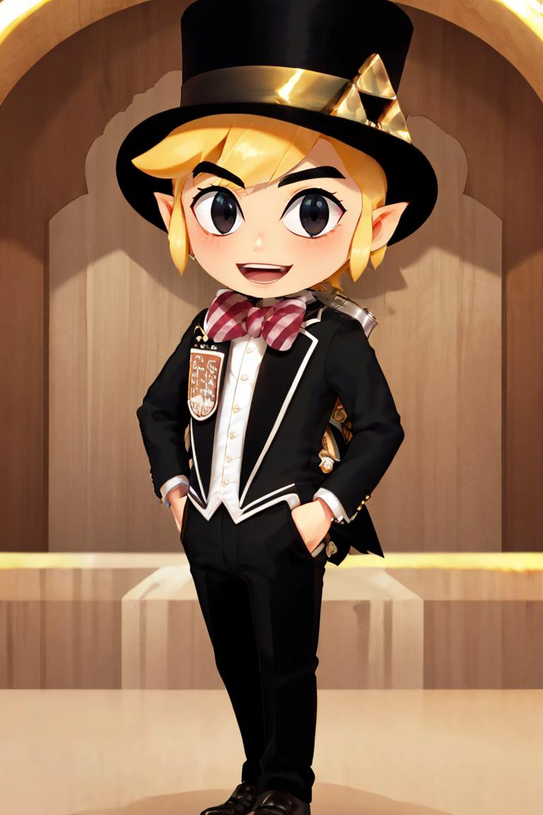 <lora:Puppypaww_Style:0.8>,((masterpiece,best quality)), <lora:Toon_Link_Zelda:0.9>, Toon_Link_Zelda, black eyes, solo, 1boy, black top hat, bowtie, black formal clothes, solo, smiling, standing, looking at viewer,