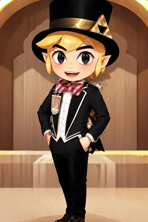 <lora:Puppypaww_Style:0.8>,((masterpiece,best quality)),  <lora:Toon_Link_Zelda:0.9>, Toon_Link_Zelda, black eyes, solo, 1boy, black top hat, bowtie, black formal clothes, solo, smiling, standing, looking at viewer,