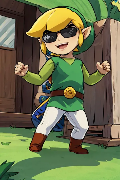 <lora:Bigdead_Style_Dim32:0.8>,((masterpiece,best quality)), <lora:Toon_Link_Zelda:0.8>, Toon_Link_Zelda, sunglasses, meme, solo, 1boy, green tunic, belt, solo, smiling, standing, looking at viewer,