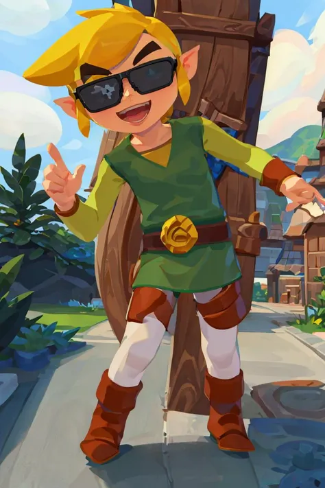 <lora:Iota:0.8>,((masterpiece,best quality)), <lora:Toon_Link_Zelda:0.8>, Toon_Link_Zelda, sunglasses, meme, solo, 1boy, green tunic, belt, solo, smiling, standing, looking at viewer,