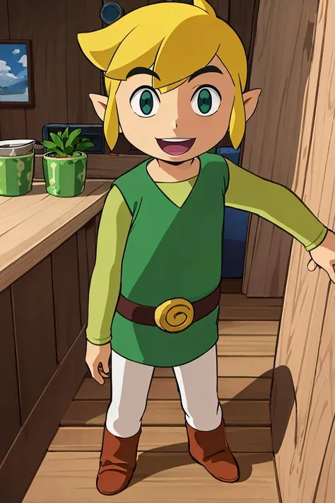 <lora:Alola_Style:0.65>,((masterpiece,best quality)), <lora:Toon_Link_Zelda:0.8>, Toon_Link_Zelda, solo, 1boy, green tunic, belt, solo, smiling, standing, looking at viewer,