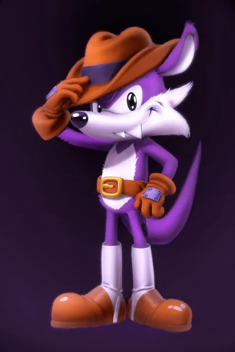 <lora:fang_the_hunter-09:1>, fan the hunter, male, purple fur, black eyes, (tail:1.2), (pose:1.3), (posing:1.3), (soft shading), 4k, hi res, ((detailed face, (detailed eyes:1.0), detailed)), (full body), (cartoon style, toony), hat, gloves,  smile, looking at viewer, brown hat, boots, grin, fangs