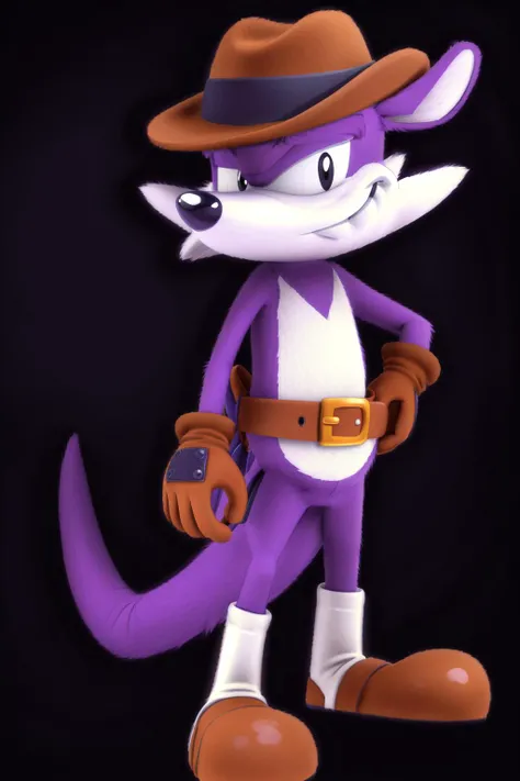 <lora:fang_the_hunter-09:1>, fan the hunter, male, purple fur, black eyes, (tail:1.2), (pose:1.3), (posing:1.3), (soft shading), 4k, hi res, ((detailed face, (detailed eyes:1.0), detailed)), (full body), (cartoon style, toony), hat, gloves, belt, smile, looking at viewer, brown hat,