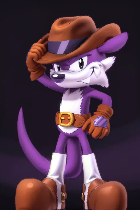 <lora:fang_the_hunter-09:1>, fan the hunter, male, purple fur, black eyes, (tail:1.2), (pose:1.3), (posing:1.3), (soft shading), 4k, hi res, ((detailed face, (detailed eyes:1.0), detailed)), (full body), (cartoon style, toony), hat, gloves, belt, smile, looking at viewer, brown hat, boots