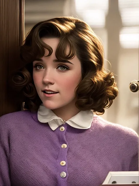 photo of (LorraineBaines:0.99) (wearing a purple sweater:1.1), (with white peter pan collar:1.1), with curled hair, smiling at boyfriend, with a door in the background, detailed face, realistic skin, high quality, (brown eyes:1.1), Leica 50mm, f1. 4, natural light, grainy, (high detailed skin:1.2)