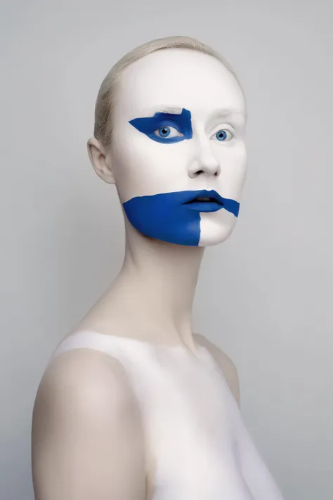 <lora:Photographer Flora Borsi Style:1>Photographer Flora Borsi Style - a woman with a face painted white with a blue line on her face