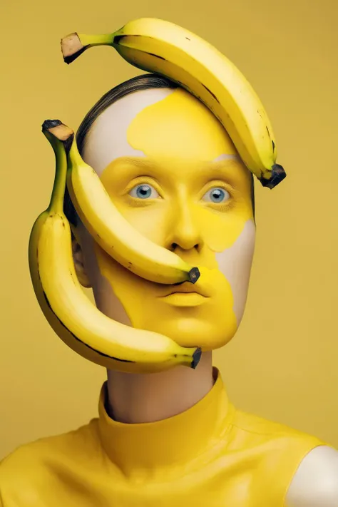 <lora:Photographer Flora Borsi Style:1>Photographer Flora Borsi Style - a woman with bananas on her head and yellow makeup on her face and hair