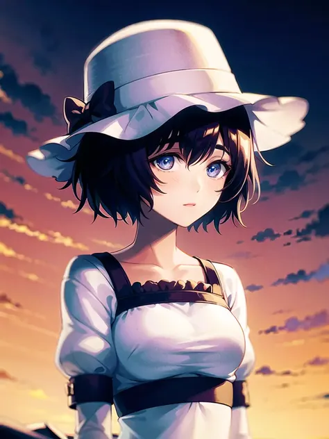 1girl, solo,(best quality),(masterpiece:1.1),  hat, dress, looking_at_viewer, neck_ribbon, cute, clear facial skin,