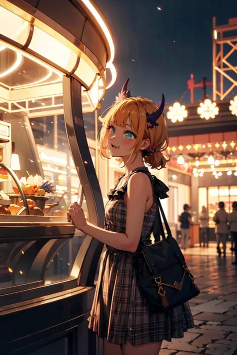 1girl, Colorful Sundress, Calm, Serene expression, Amusement park at night, Colorful, Magic particles, Depth of field, Glowing background, Bloom, Harmonious color palette, Ultra colored, masterpiece, highres, best quality, memcho, fangs, tiny horns, <lora:memcho:0.8>