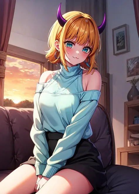 masterpiece, high quality, highres, memcho, cowboy shot, black skirt, shirt, off shoulder, off-shoulder sweater, (light blue sweater:1.2), (tiny horns), (:3:1.2), sleeveless shirt, high neck sleeveless shirt, black shirt, sweater, sweater sleeves past wrists, hoop earrings, <lora:memcho:0.7>, panty, nsfw, sitting on sofa, inroom, window, sunset