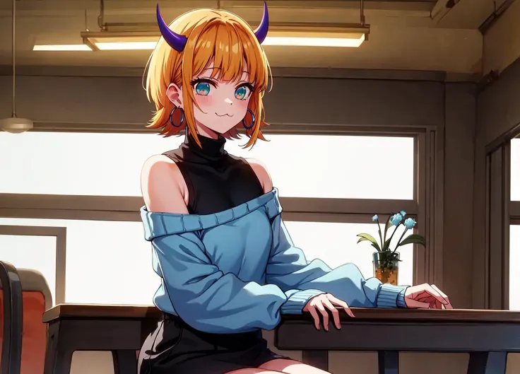 masterpiece, high quality, highres, memcho, indoors, cowboy shot, black skirt, shirt, off shoulder, off-shoulder sweater, (light blue sweater:1.2), (tiny horns), (:3:1.2), sleeveless shirt, high neck sleeveless shirt, black shirt, sweater, sweater sleeves past wrists, sitting, hoop earrings, <lora:memcho:0.7>