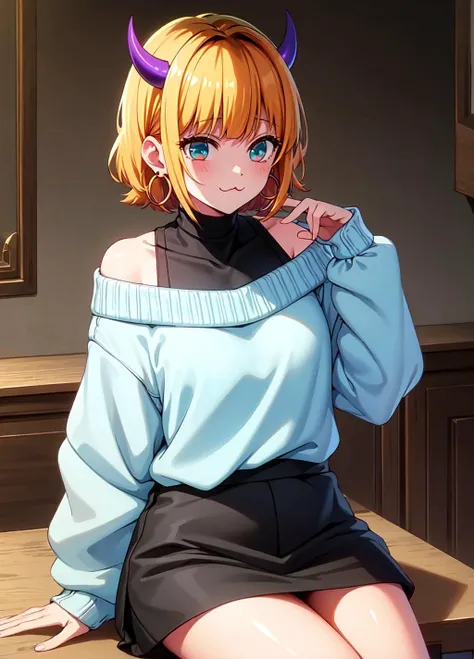 masterpiece, high quality, highres, memcho, indoors, cowboy shot, black skirt, shirt, off shoulder, off-shoulder sweater, (light blue sweater:1.2), (tiny horns), (:3:1.2), sleeveless shirt, high neck sleeveless shirt, black shirt, sweater, sweater sleeves past wrists, sitting, hoop earrings, <lora:memcho:0.7>