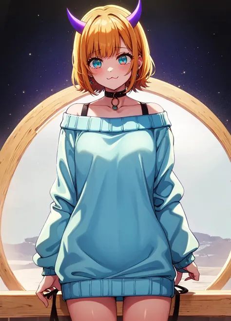 masterpiece, 1girl, solo, high quality, highres, memcho, short hair, off shoulder, off-shoulder sweater, (light blue sweater:1.2), (tiny horns), (:3:1.2), yellow dress, dress, glow dress, <lora:memcho:0.7>