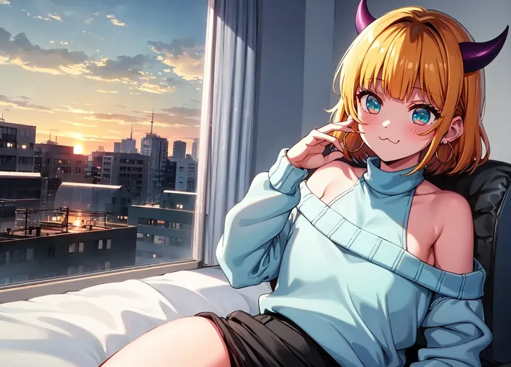 masterpiece, 1girl, solo, high quality, highres, memcho, short hair, cowboy shot, black skirt, shirt, off shoulder, off-shoulder sweater, (light blue sweater:1.2), (tiny horns), (:3:1.2), sleeveless shirt, high neck sleeveless shirt, black shirt, sweater, sweater sleeves past wrists, hoop earrings, <lora:memcho:0.7>, panty, nsfw, liying on bed, inroom, window, sunset, <lora:GoodHands-beta2:1>