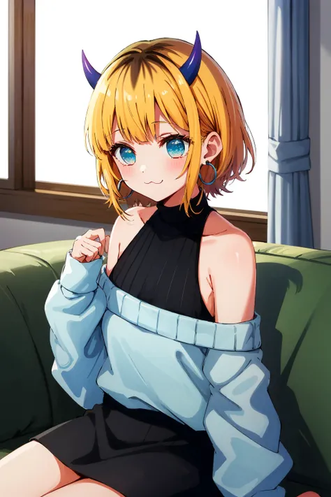 masterpiece, high quality, highres, memcho, <lora:memcho:0.7>, indoors, cowboy shot, black skirt, shirt, off shoulder, off-shoulder sweater, (light blue sweater:1.2), (tiny horns), (:3:1.2), sleeveless shirt, high neck sleeveless shirt, black shirt, sweater, sweater sleeves past wrists, sitting, hoop earrings