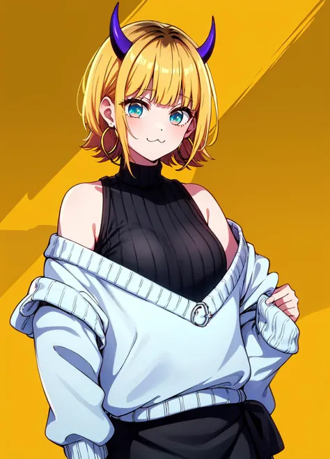 masterpiece, high quality, highres, memcho, cowboy shot, black skirt, shirt, off shoulder, off-shoulder sweater, (light blue sweater:1.2), (tiny horns), (:3:1.2), sleeveless shirt, high neck sleeveless shirt, black shirt, sweater, sweater sleeves past wrists, hoop earrings, <lora:memcho:0.7>, fantastic yellow background, magical, magic