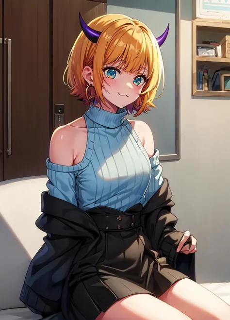 masterpiece, high quality, highres, memcho, indoors, cowboy shot, black skirt, shirt, off shoulder, off-shoulder sweater, (light blue sweater:1.2), (tiny horns), (:3:1.2), sleeveless shirt, high neck sleeveless shirt, black shirt, sweater, sweater sleeves past wrists, sitting, hoop earrings, <lora:memcho:0.7>