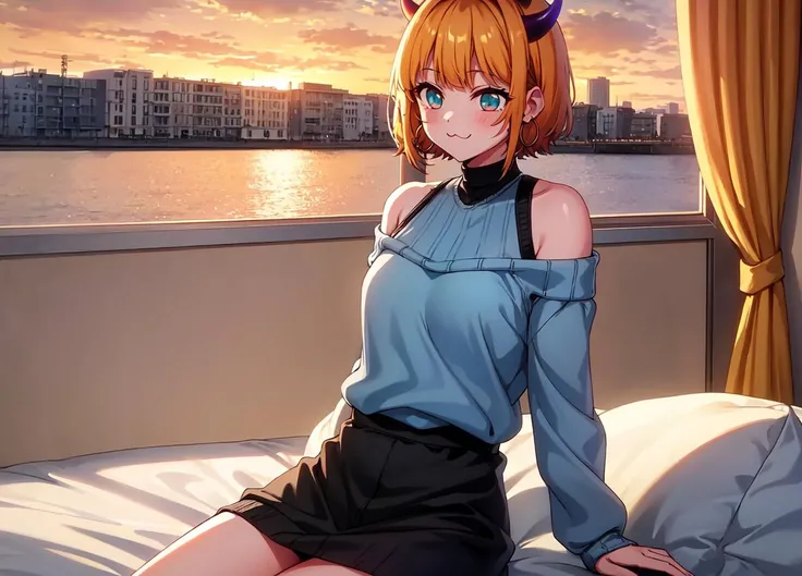 masterpiece, 1girl, solo, high quality, highres, memcho, short hair, cowboy shot, black skirt, shirt, off shoulder, off-shoulder sweater, (light blue sweater:1.2), (tiny horns), (:3:1.2), sleeveless shirt, high neck sleeveless shirt, black shirt, sweater, sweater sleeves past wrists, hoop earrings, <lora:memcho:0.7>, panty, nsfw, liying on bed, inroom, window, sunset, <lora:GoodHands-beta2:1>