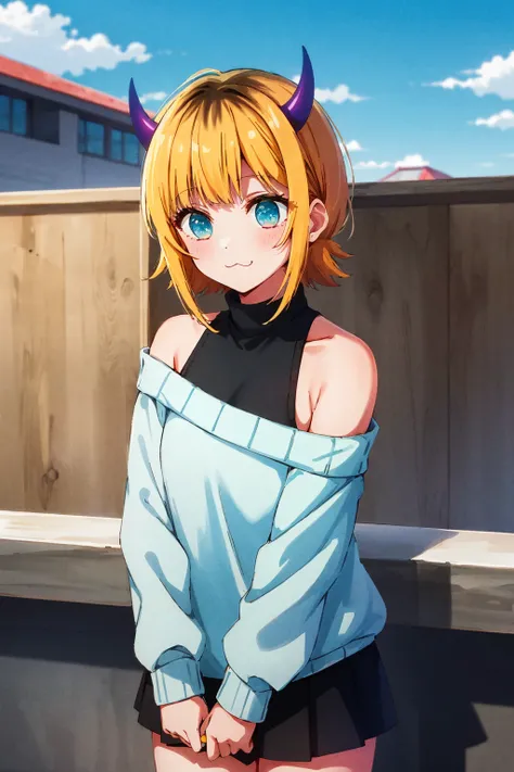 masterpiece, high quality, highres, memcho, <lora:memcho:0.8>, outdoors, cowboy shot, black skirt, shirt, off shoulder, off-shoulder sweater, (light blue sweater:1.2), (tiny horns), (:3:1.2), sleeveless shirt, high neck sleeveless shirt, black shirt, sweater, sweater sleeves past wrists,