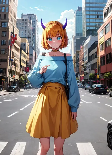 masterpiece, 1girl, solo, high quality, highres, memcho, short hair, off shoulder, (light blue sweater:1.2), (tiny horns), (:3:1.2), yellow dress, dress, glow dress, <lora:memcho:0.7>, standing on street, buildings, city, <lora:GoodHands-beta2:1>