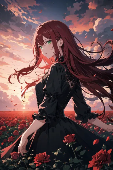 1girl, red long hair, deep green eyes, detailed, sunset, crimson light, detailed background, field of red roses, black dress, red sky, clouds, light particles, volumetric loghtning, masterpiece, best quality, intricat edetails