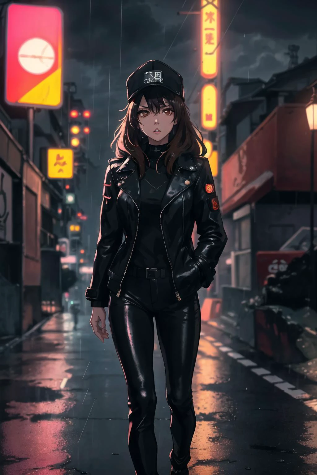realistic, masterpiece,best quality,1girl,solo,Late night, Tokyo, deserted street, distant view, background, loneliness, rain, street lights, weak light, <lora:bambietta:0.6>, black leather coat, black baceball cap, parted lips, brown eyes, black leather pants, synthwave, neon light, cyberpunk