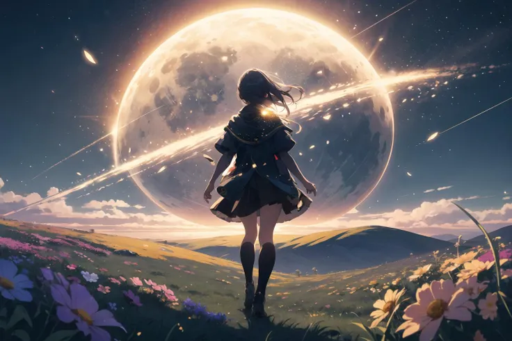 (1girl:1.3), (solo:1.2), looking at viewer, serperior, 8K render ,best quality, (masterpiece, best quality, ultra-detailed, best shadow), style of Your Name, standing on a hilltop, surrounded by fields of vibrant flowers as far as the eye can see. In the distance a shimmering comet streak across the sky, leaving a trail of glittering stardust in its wake