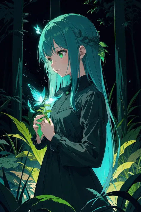 illustration:0.15, !dark theme, night, (((red-luminescence {leaves:1.3, leave:{girl}}), (green-luminescence {plants:1.3, plant:{girl}}), (bioluminescence {firefly:1.3, firefly:{girl}})), fairy forest, black-luminescence {feathers}), pastoral aesthetic, exceptional piece of art, quality:{best quality}