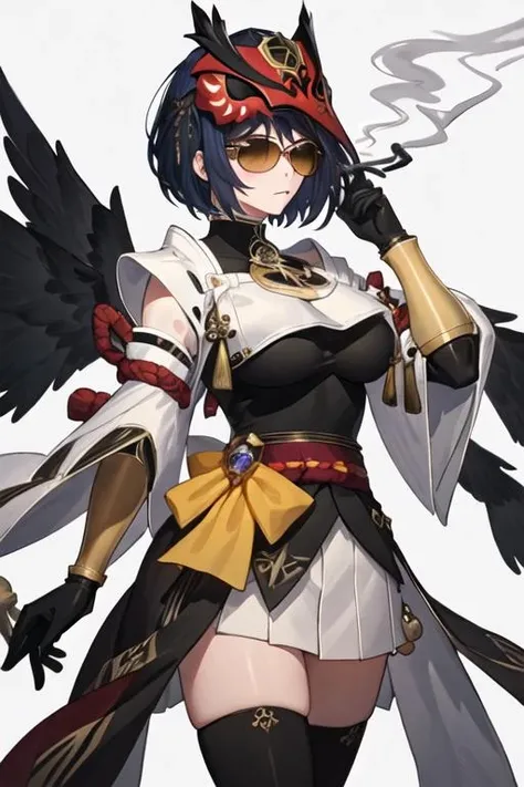 best quality, masterpiece, highres, solo, {kujou_sara_genshin:1.15}, short_hair, yellow_eyes, bangs, black_hair, breasts, closed_mouth, bodysuit, large_breasts, 1girl, bird_mask, black_bodysuit, detached_sleeves, gloves, japanese_clothes, looking_at_viewer, mask, mask_on_head, tassel, black_gloves, wide_sleeves, medium_breasts, vision_\(genshin_impact\)