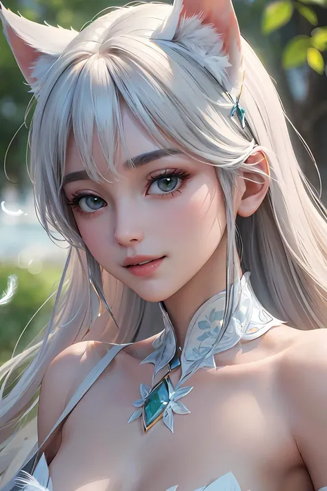 She is a silver wolf beastman, so she is not wearing any clothes.、white and beautiful skin、Hairless labia、silver eyes、cute smile、Completely naked、Braid